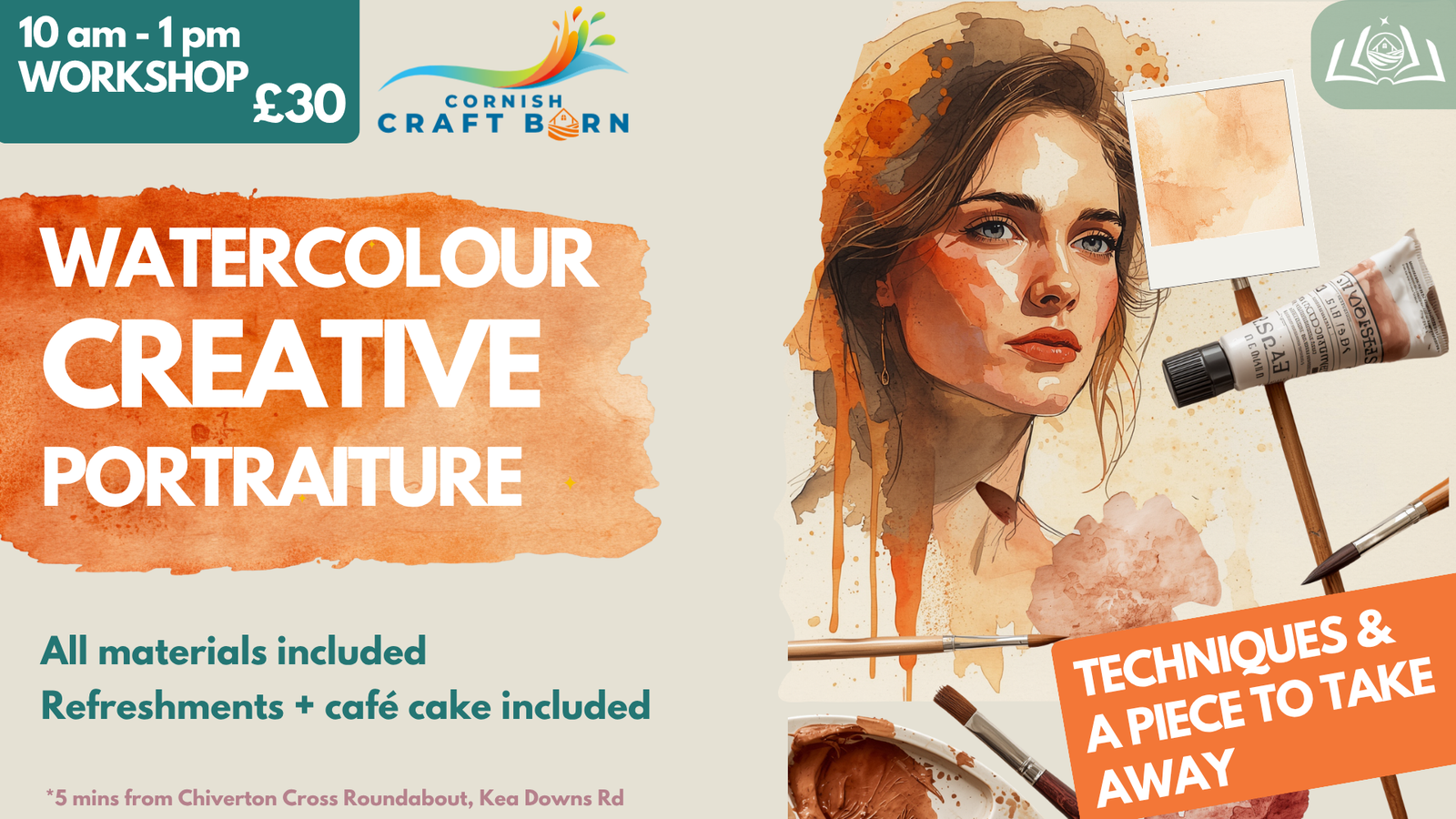 Watercolour Creative Portraiture workshop, 10am to 1pm, £30, Cornish Craft Barn