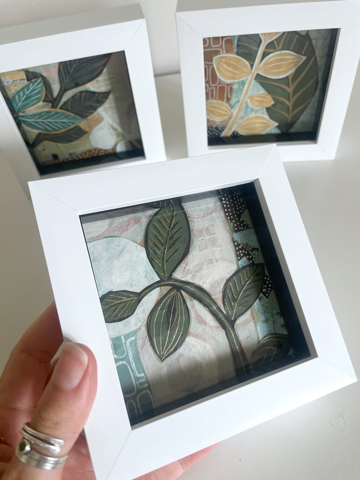 Carla Jennings mini botanical collages in white box frames