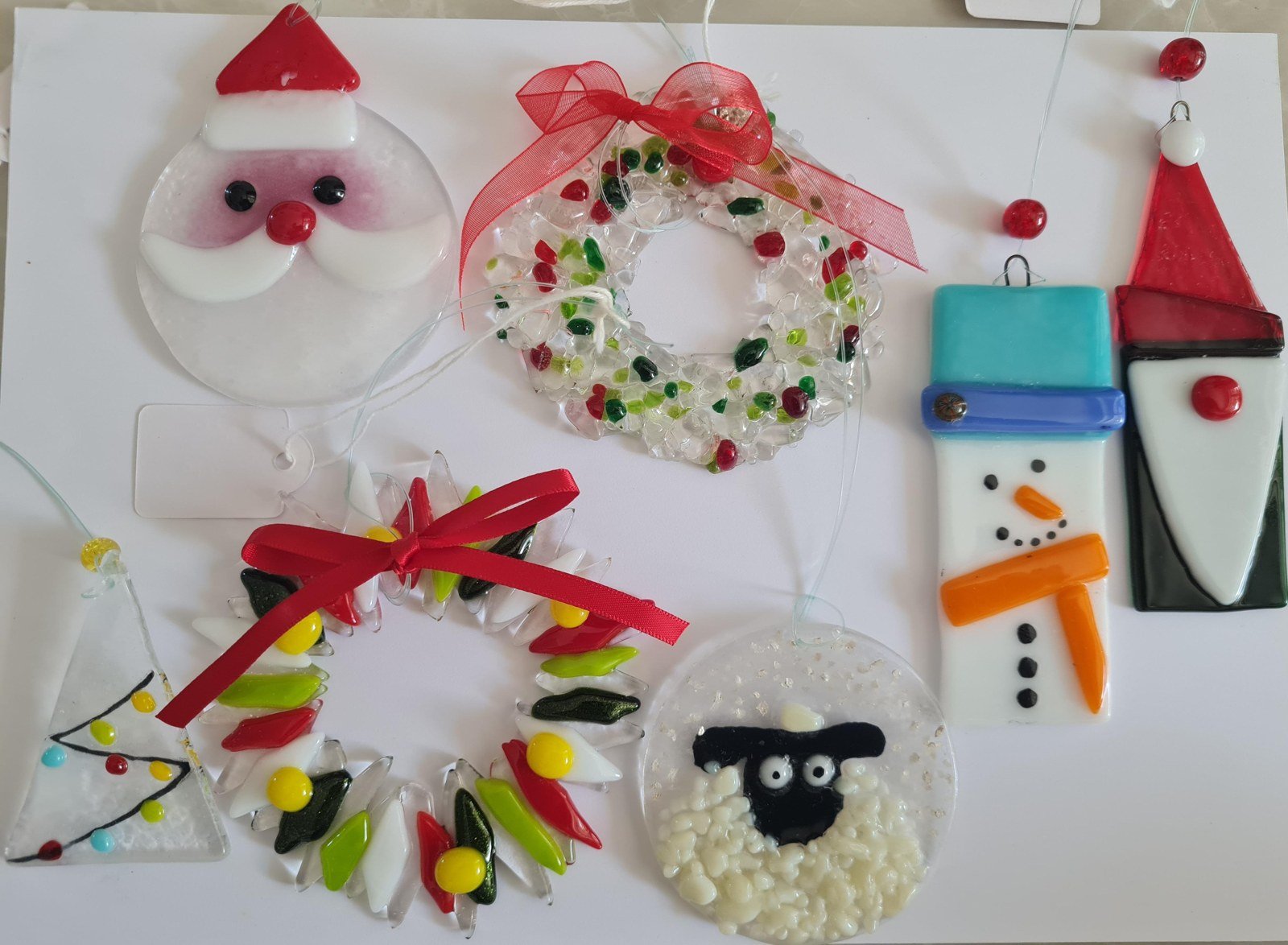 Christmas fused glass decorations: Santa, wreaths, snowman, gnome, sheep and tree