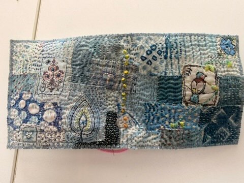 Kantha inspired slow stitch in blues