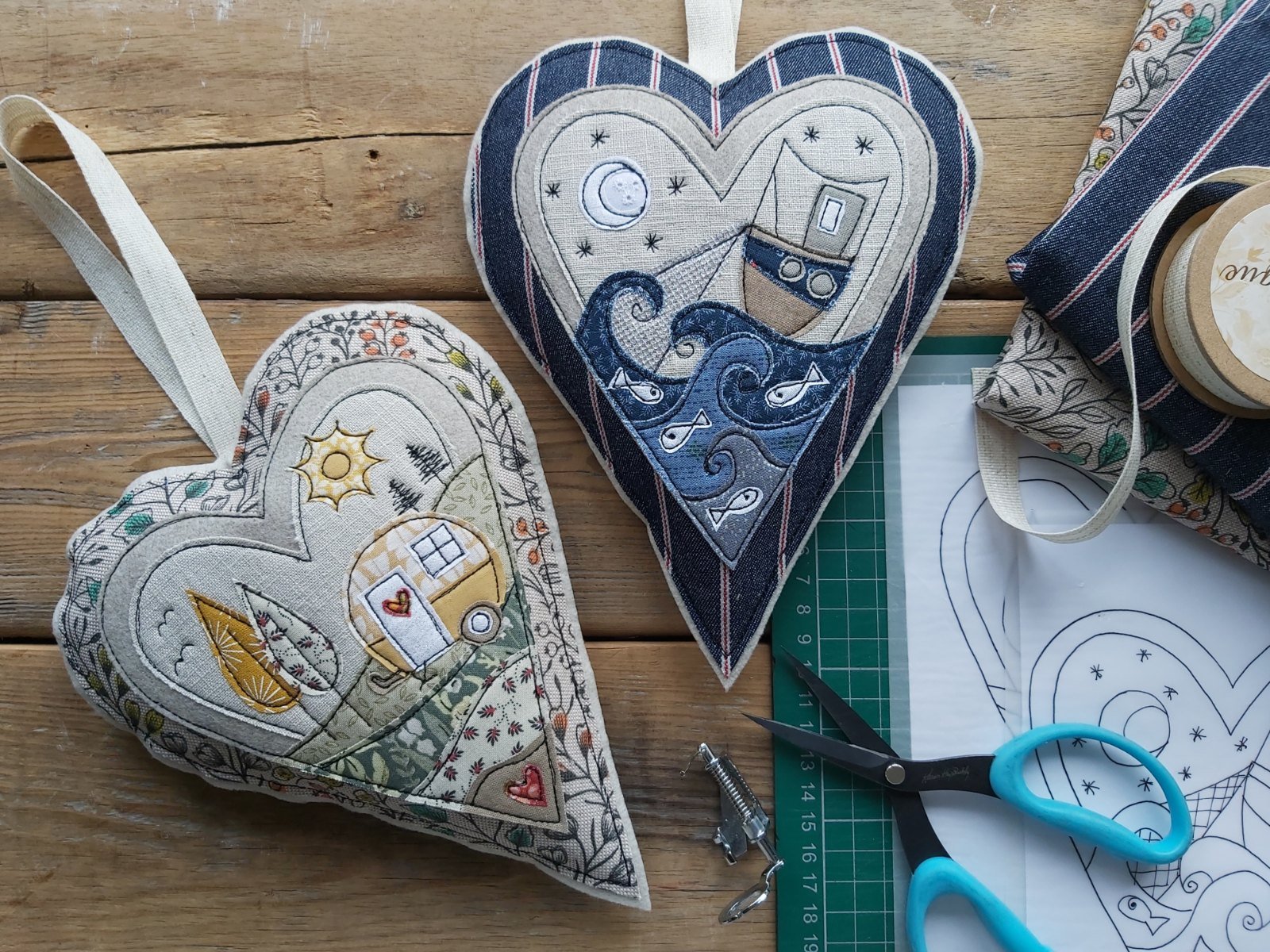 Freemotion embroidered textile hearts by Caroline Michelle Textile Art